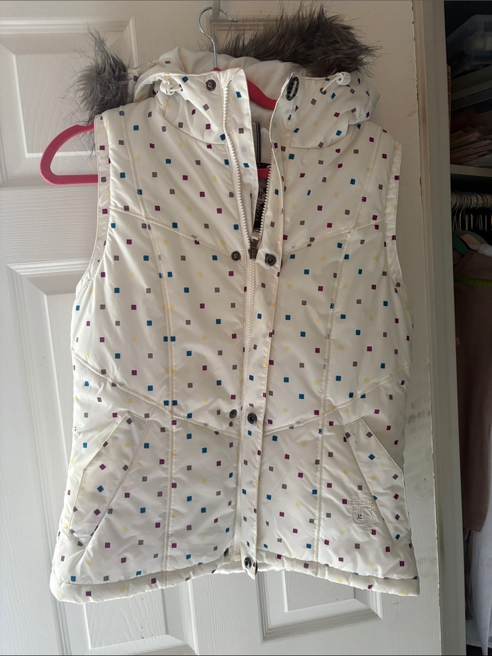 Burton White Hooded Puffer Vest with Multicolor Dot Print